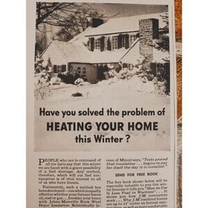 1942 Johns-Manville Insulation Ad - Winter‎ Home Heating - Vintage Print